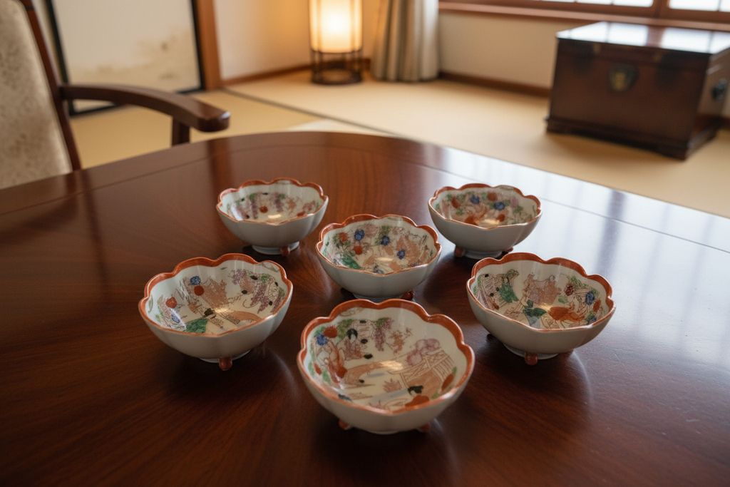 Antique Japanese Porcelain Footed Bowls - 3 Red Feet - Complete Set of 6