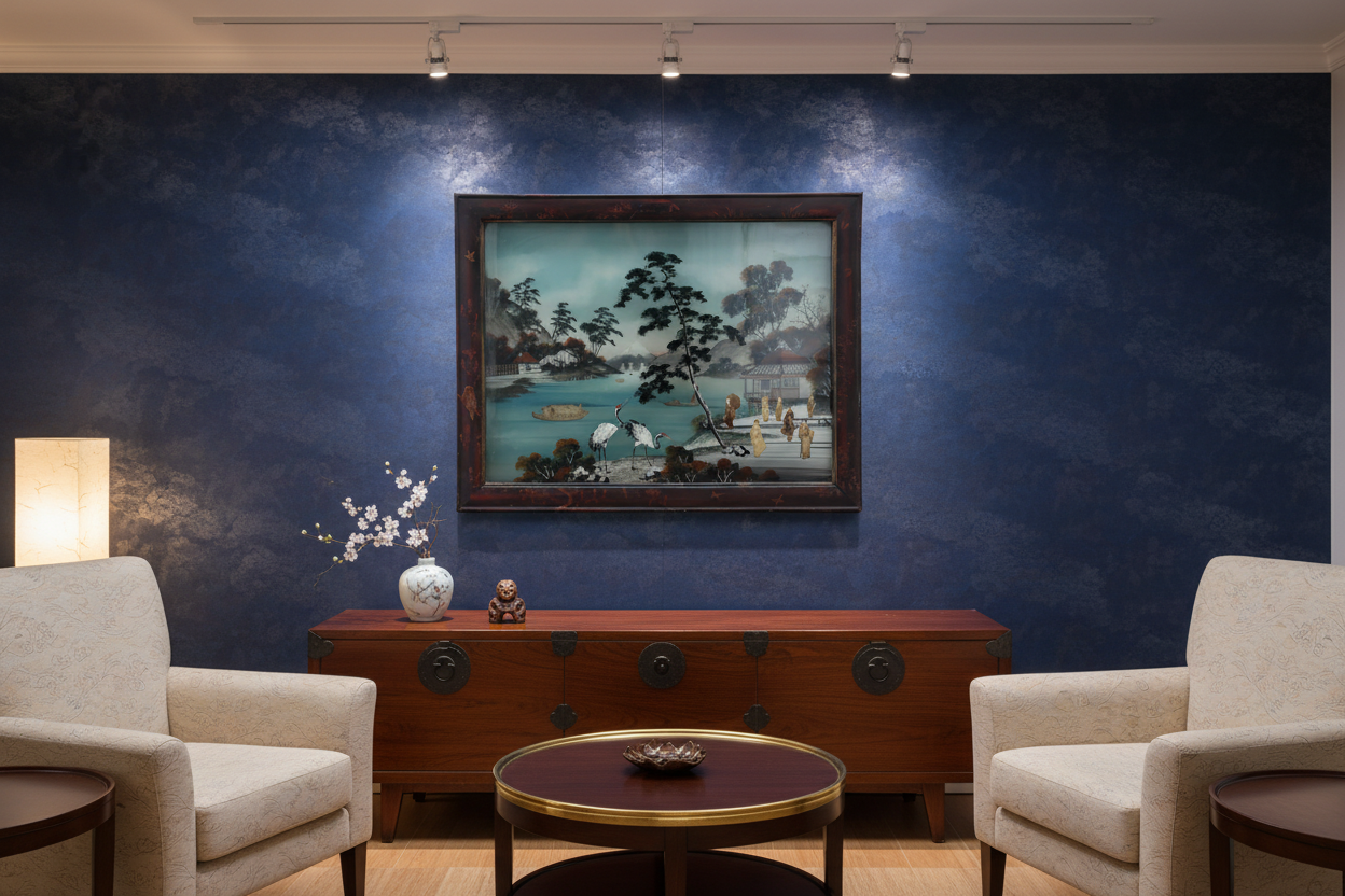 Antique Japanese Reverse Glass Painting - Cranes at Mt. Fuji