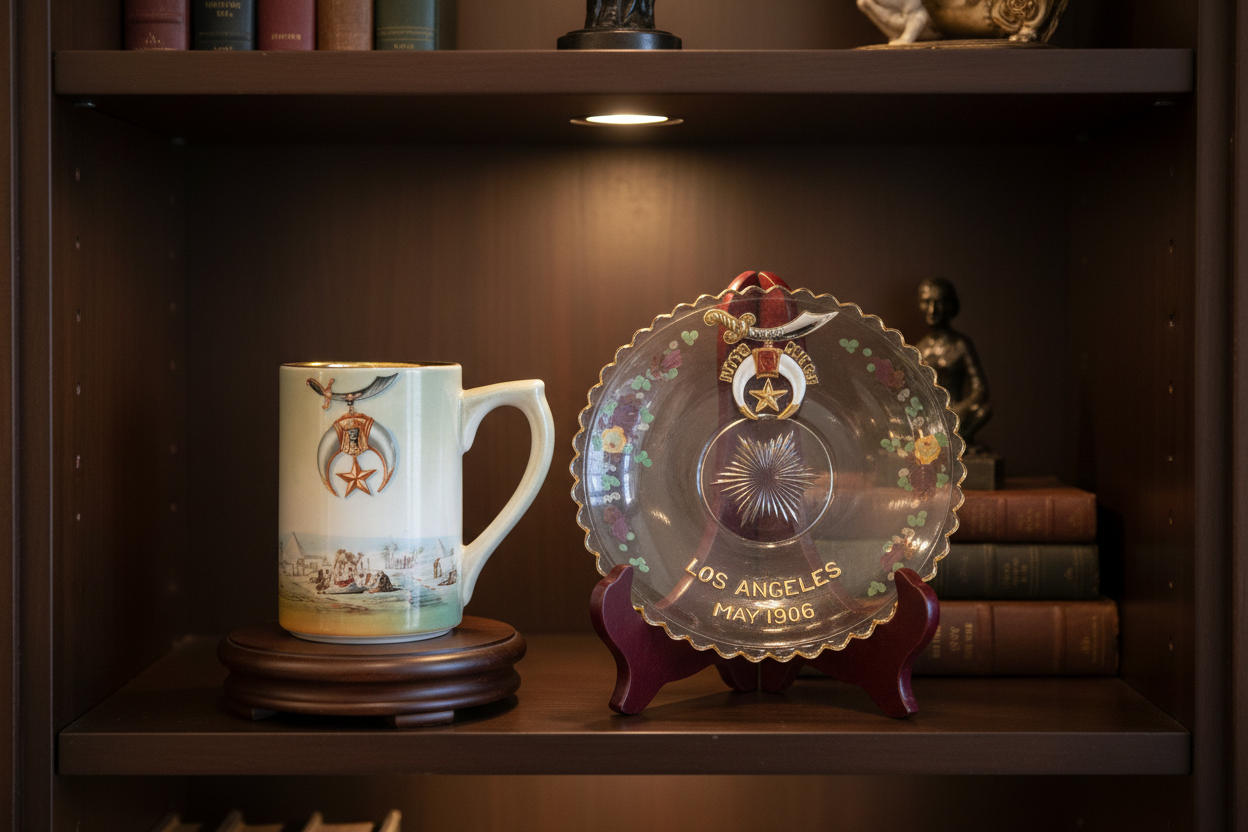 Antique Masonic Shriners Shaving Mug & 1906 Convention Plate in Home Setting