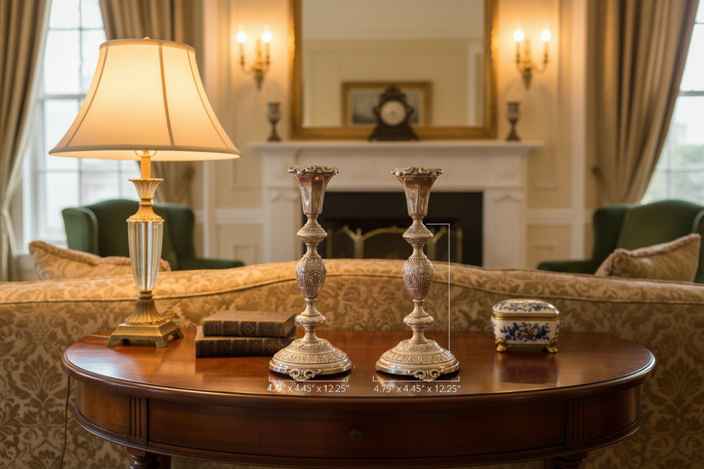 Antique Polish Shabbat Candlesticks on Side Table