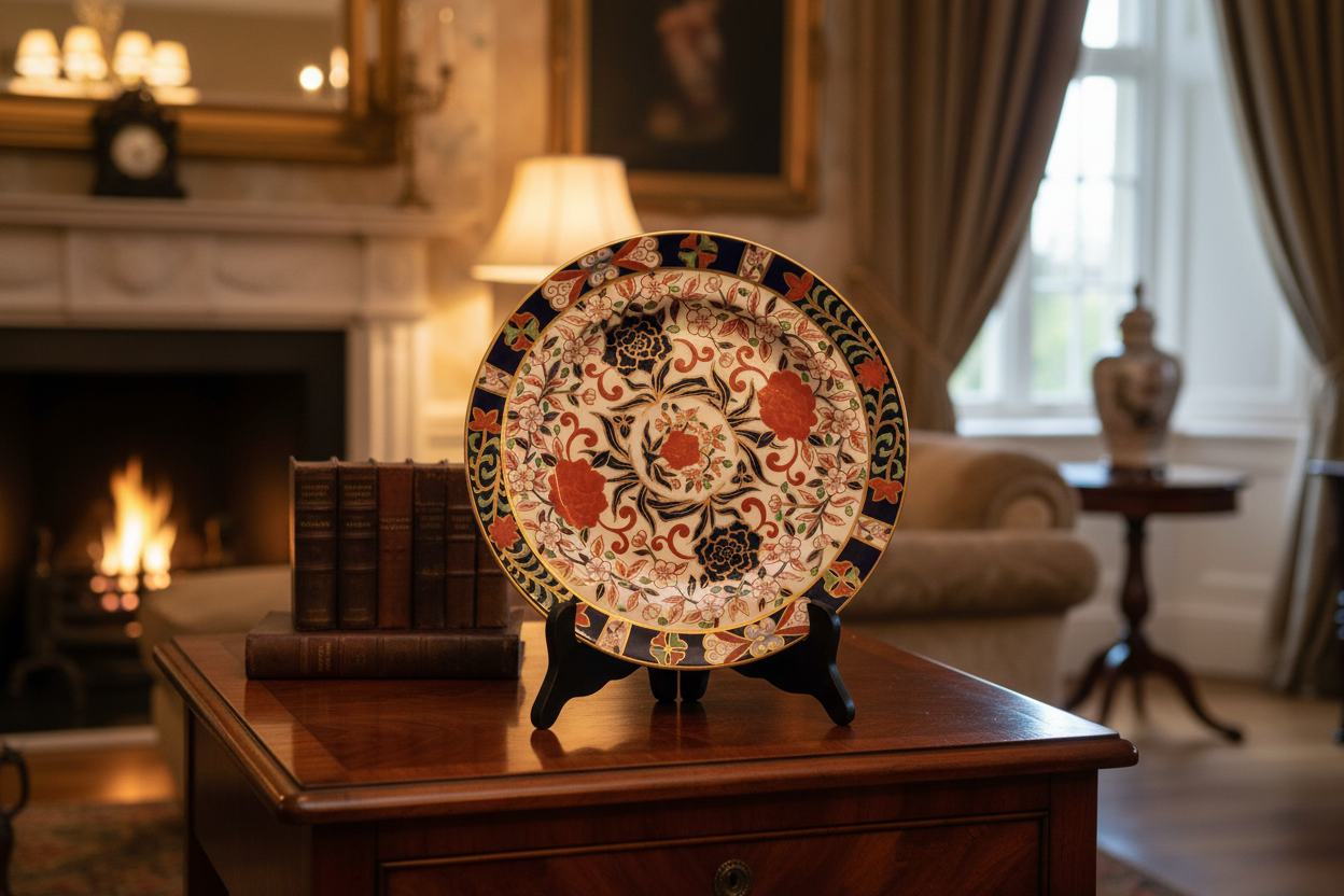 Antique Royal Crown Derby Imari Pattern Dinner Plate Displayed in a Home