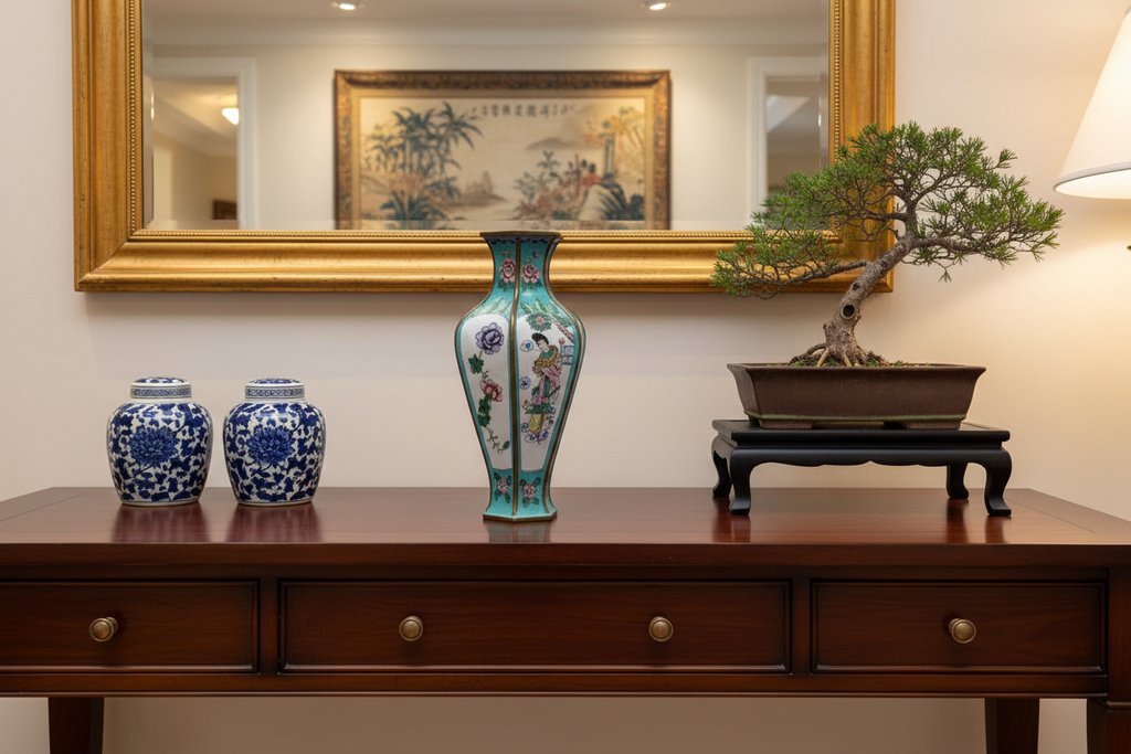 Canton Enamel Hexagonal Vase - 5"W x 9"H