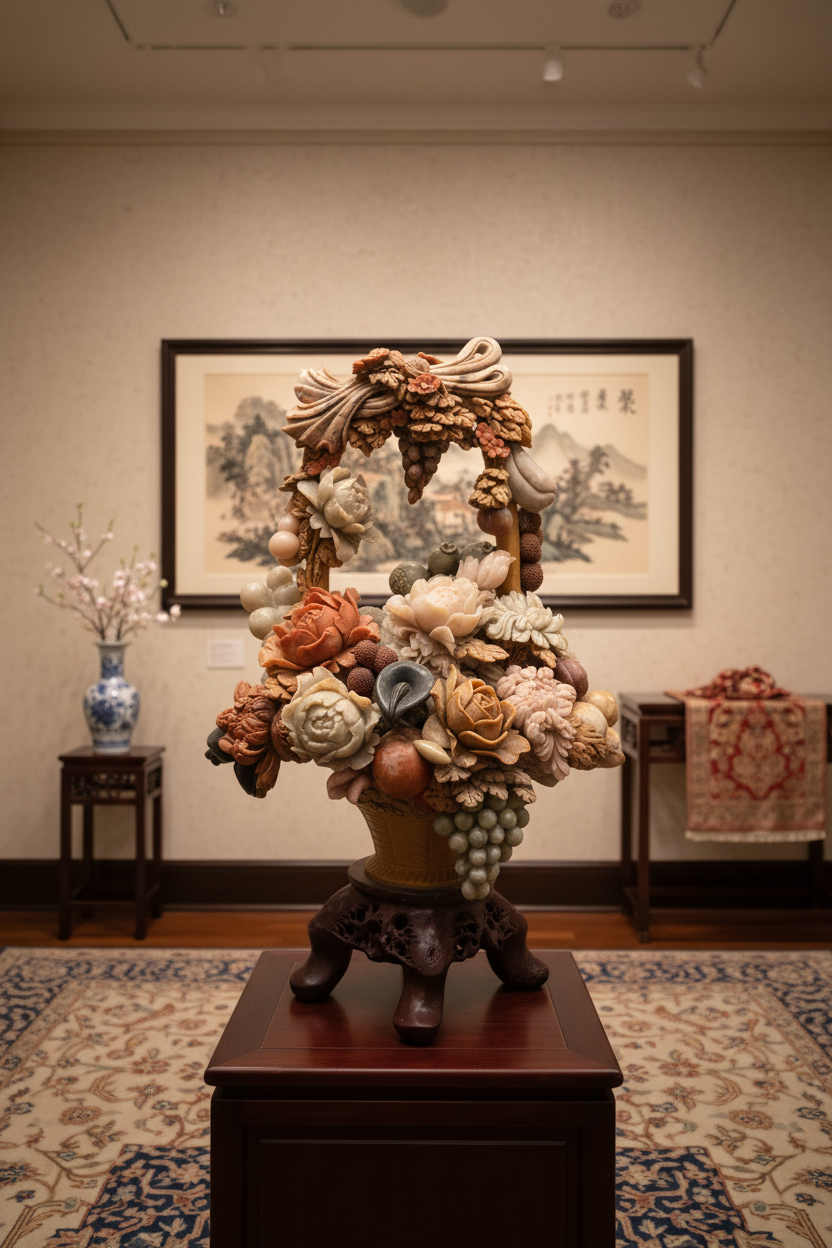 Chinese Carved Soapstone Basket of Abundance Sculpture in Elegant Setting