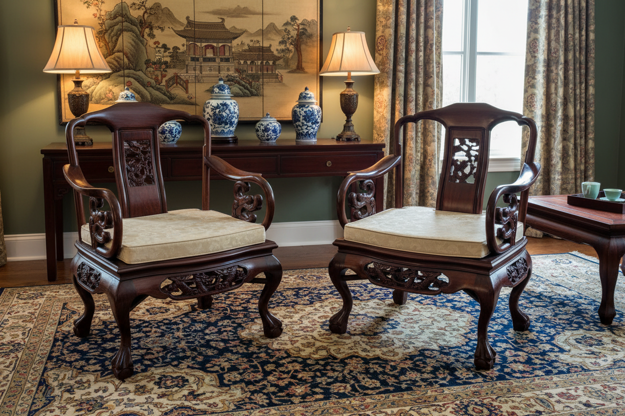 Chinese Hand-Carved Rosewood Dragon Armchairs in Elegant Setting