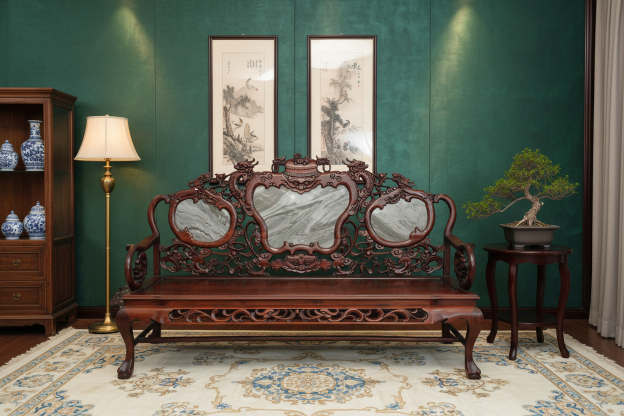 Chinese Rosewood and Dream-Stone Marble Settee in Elegant Setting