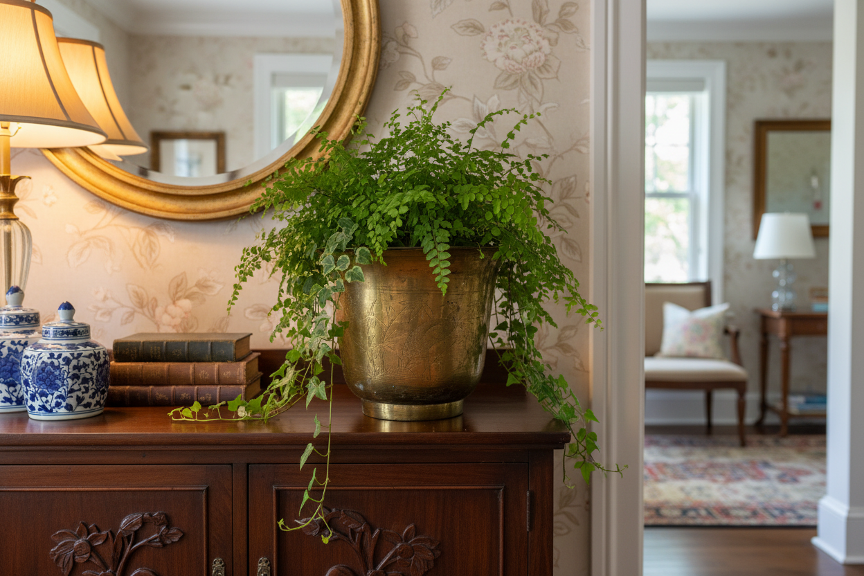 Chinoiserie Brass Planter in Home Setting