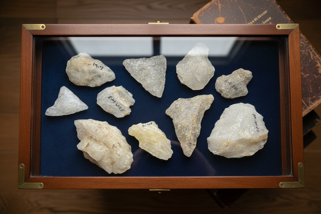 Connecticut River Valley Quartz Points - overhead display case view