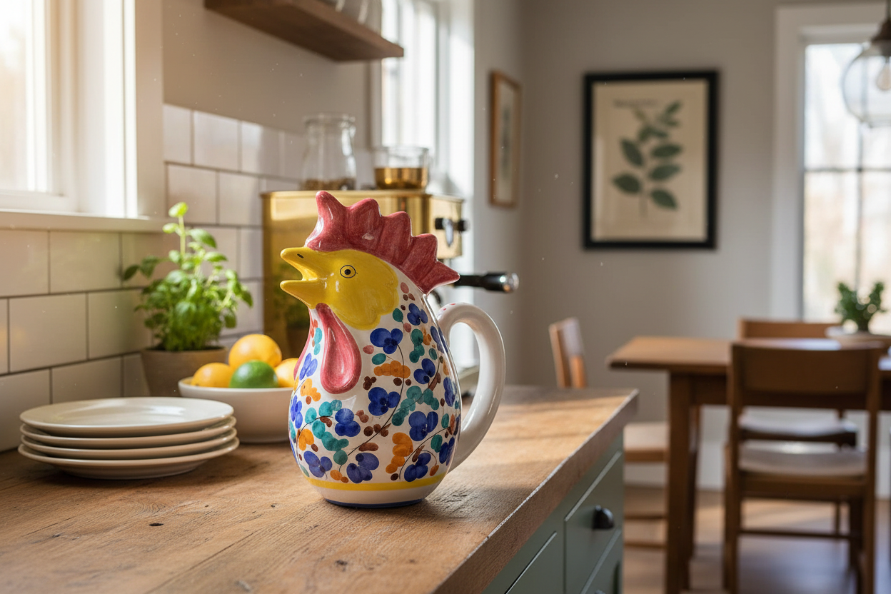 Deruta Rooster Pitcher in Home Setting