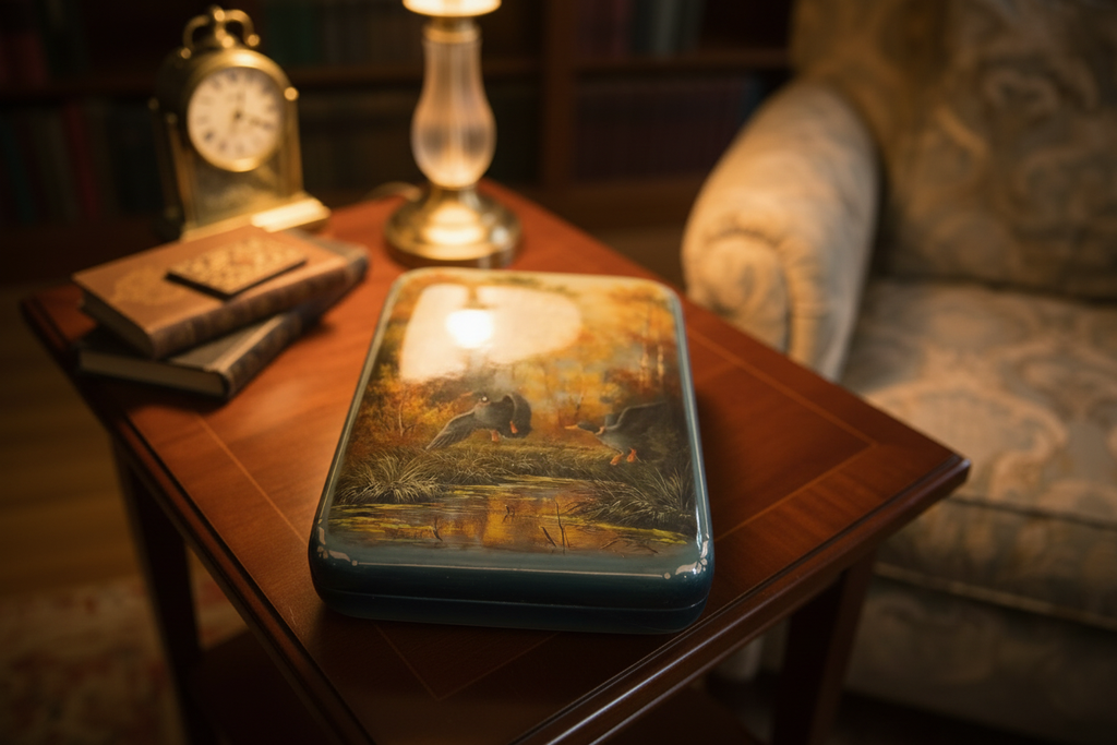 Fedoskino Lacquer Box Overhead View with Soft Lighting