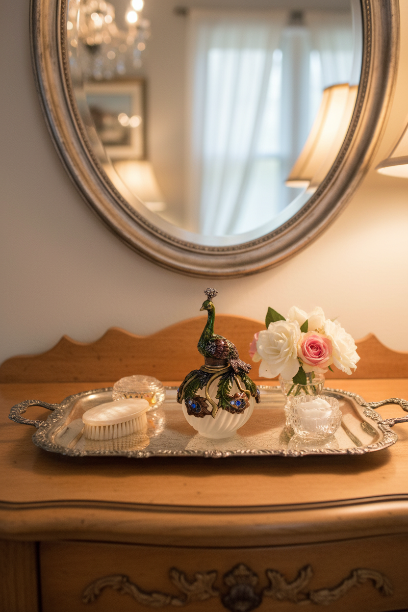 Fitz and Floyd Jeweled Peacock Perfume Bottle on Vanity