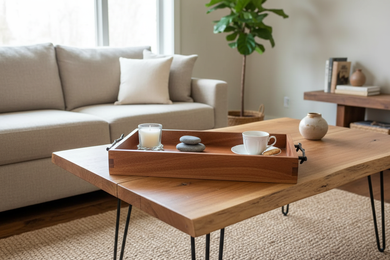 Handcrafted American cherry serving tray in home setting