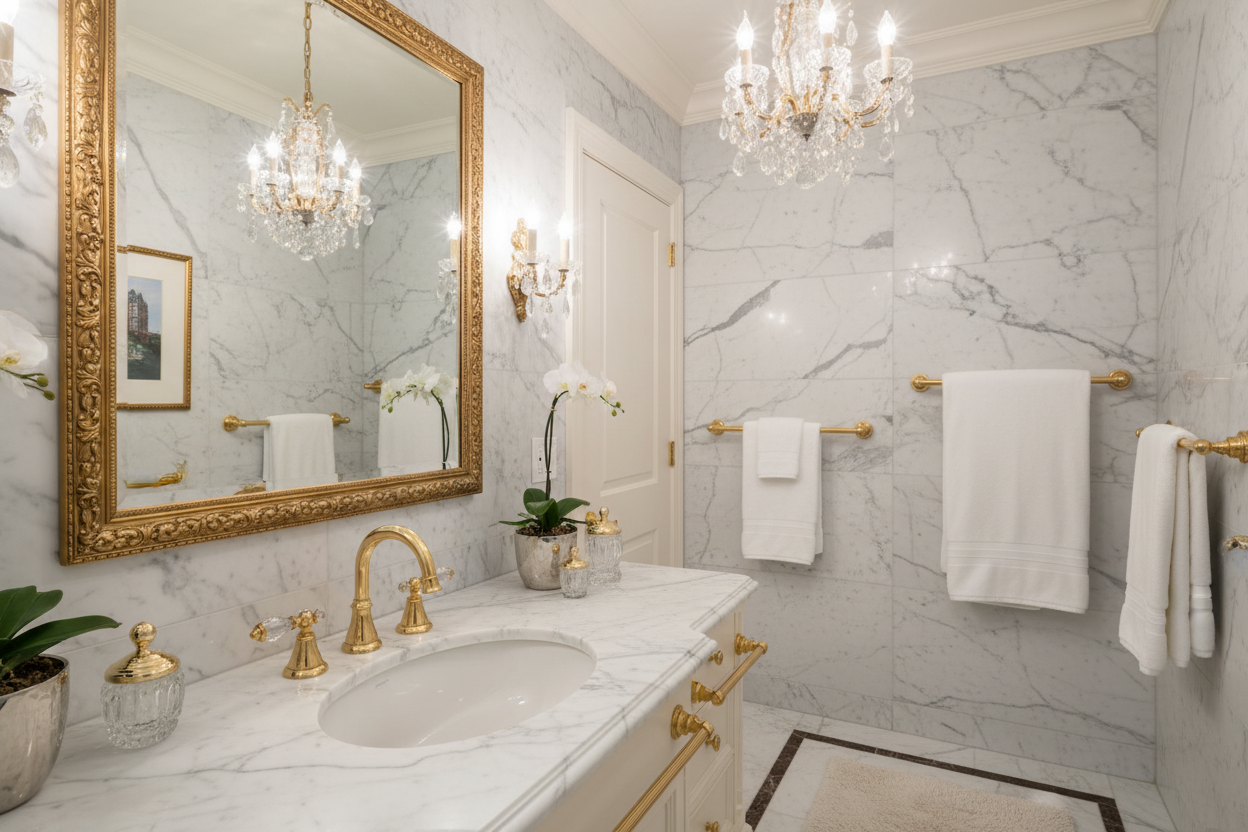 Iconic Sherle Wagner Imperial Swan 24k Gold & Rock Crystal Bathroom Suite in Luxury Bathroom