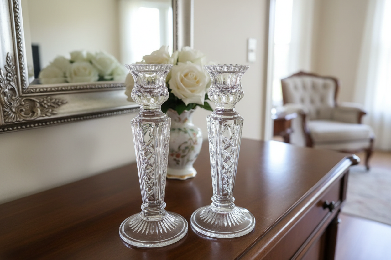 Irena Poland Clear Crystal Candlesticks in home