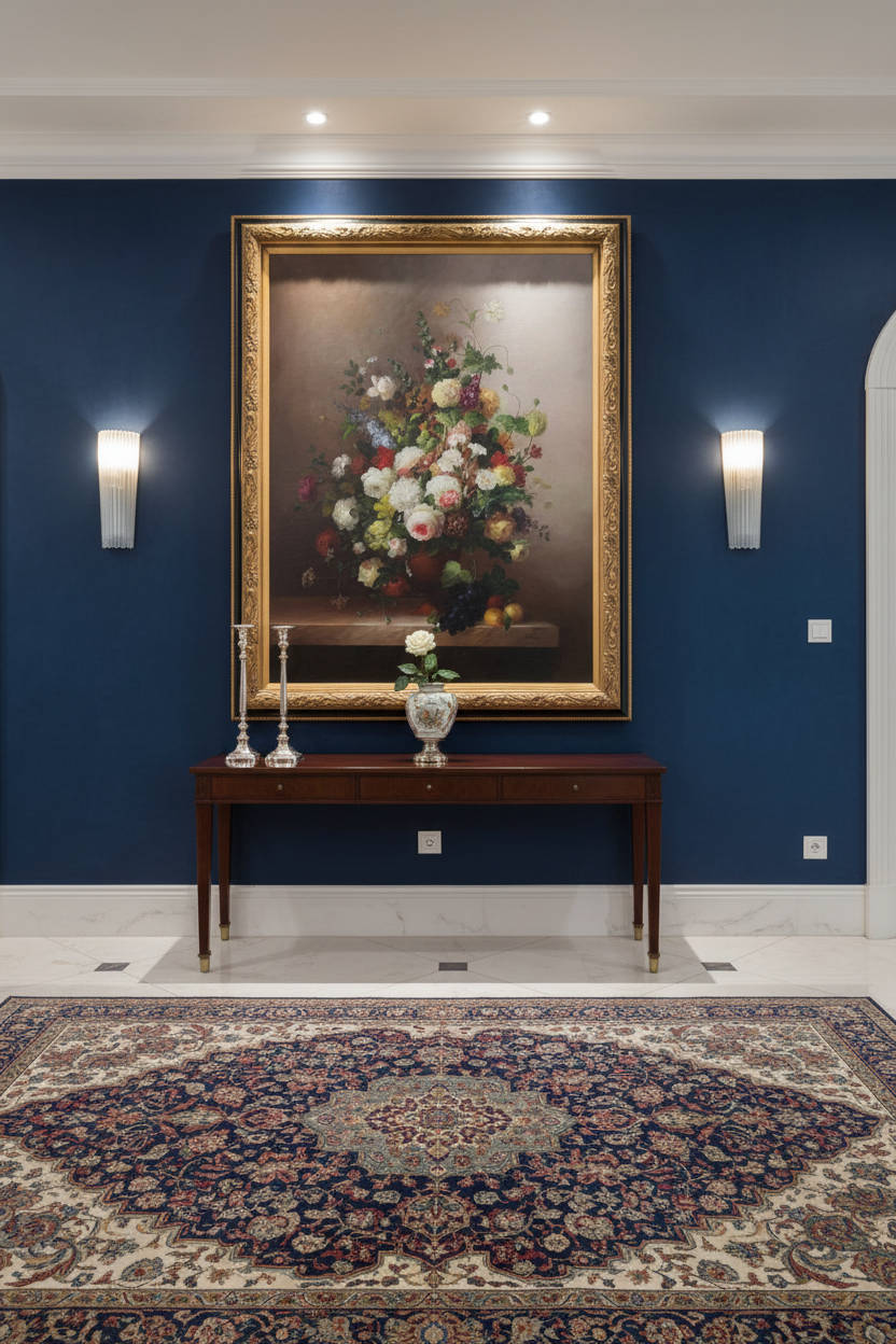 L. Stewart Grand Scale Floral Still Life in Elegant Interior