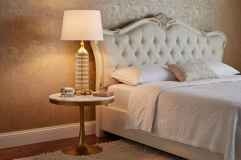Large 31" Signed Dresden Hand-Cut Block Crystal & Brass Table Lamp in Home Setting