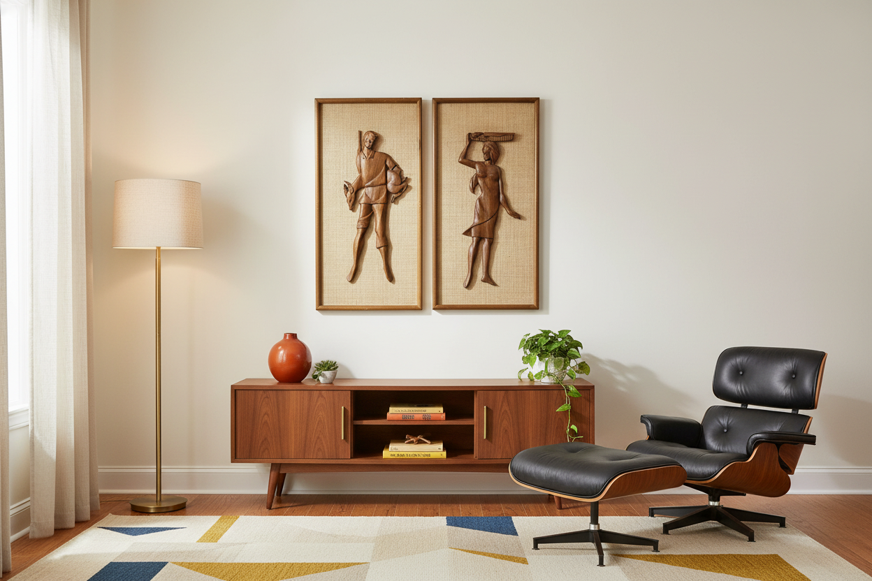 Large Mid-Century Modern Hand-Carved Teak & Burlap Wall Art Set of 2 in a Home Setting