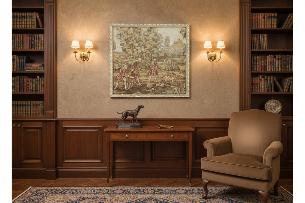 Large Vintage Framed French Hunting Scene Tapestry in a Home Setting