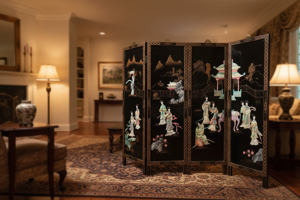 Mid-Century Chinese Black Lacquer 4-Panel Wall Screen as Room Divider in a Home