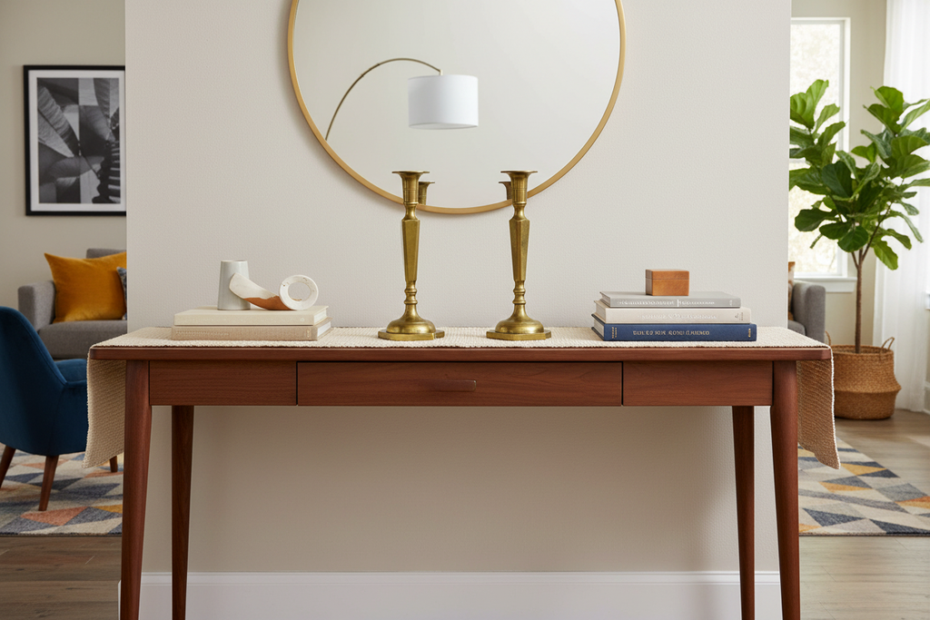 Mid-Century Modern Brass Candlesticks in Home Setting