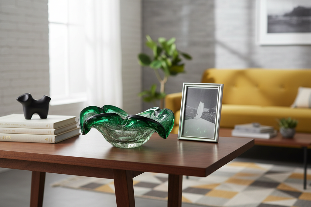 Mid-Century Murano Emerald & Gold Aventurine Glass Bowl in Home Setting
