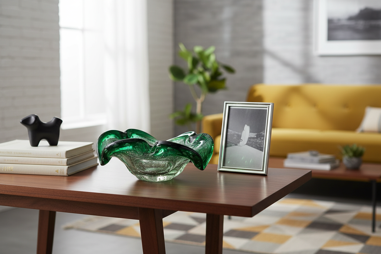 Mid-Century Murano Emerald & Gold Aventurine Glass Bowl in Home Setting
