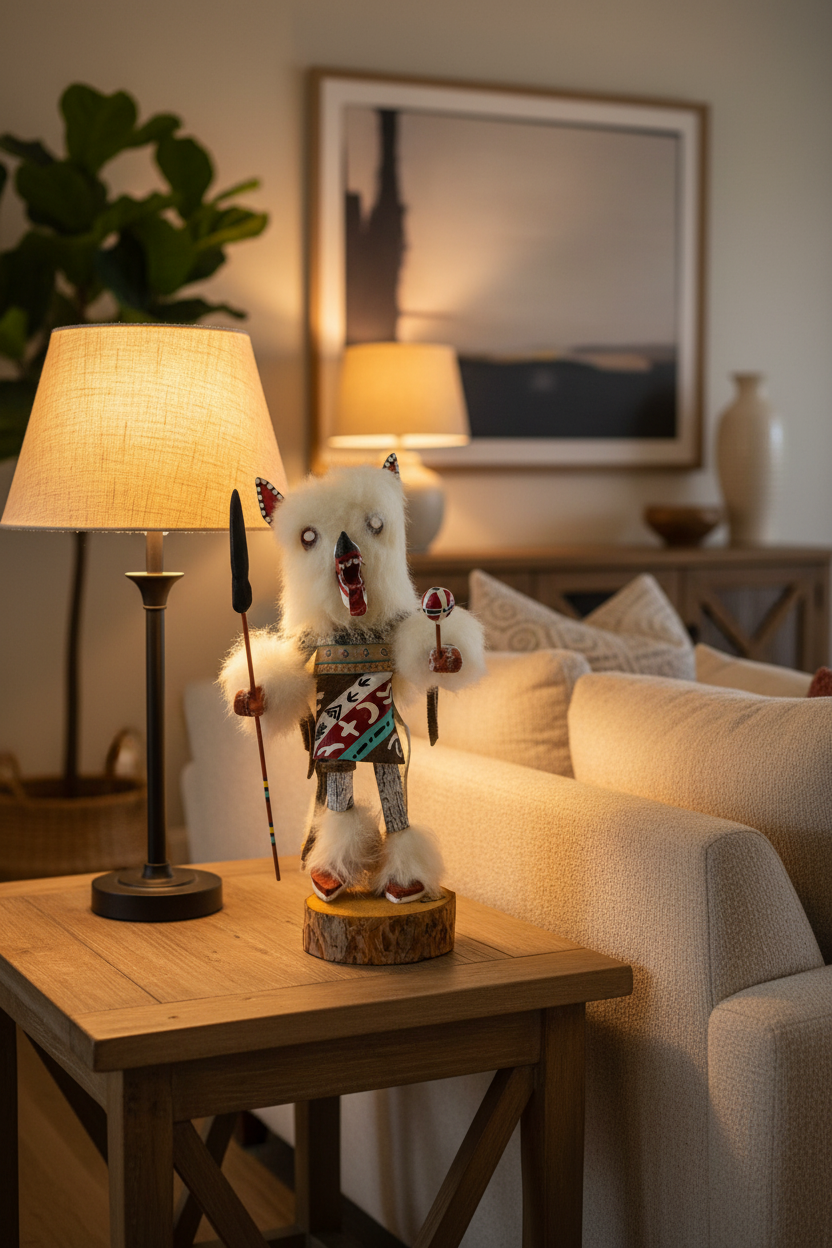 Navajo White Wolf Kachina doll on side table fresh generation