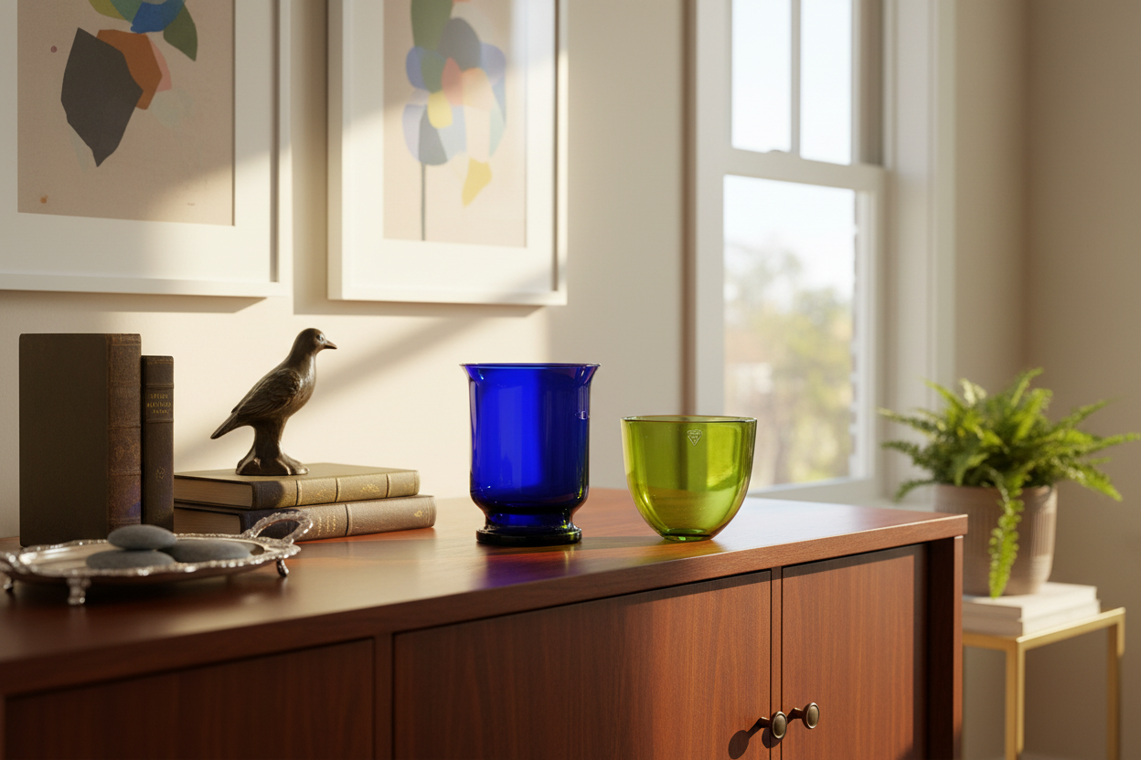 Orrefors Green Bowl & Cobalt Blue Hurricane in Home Setting
