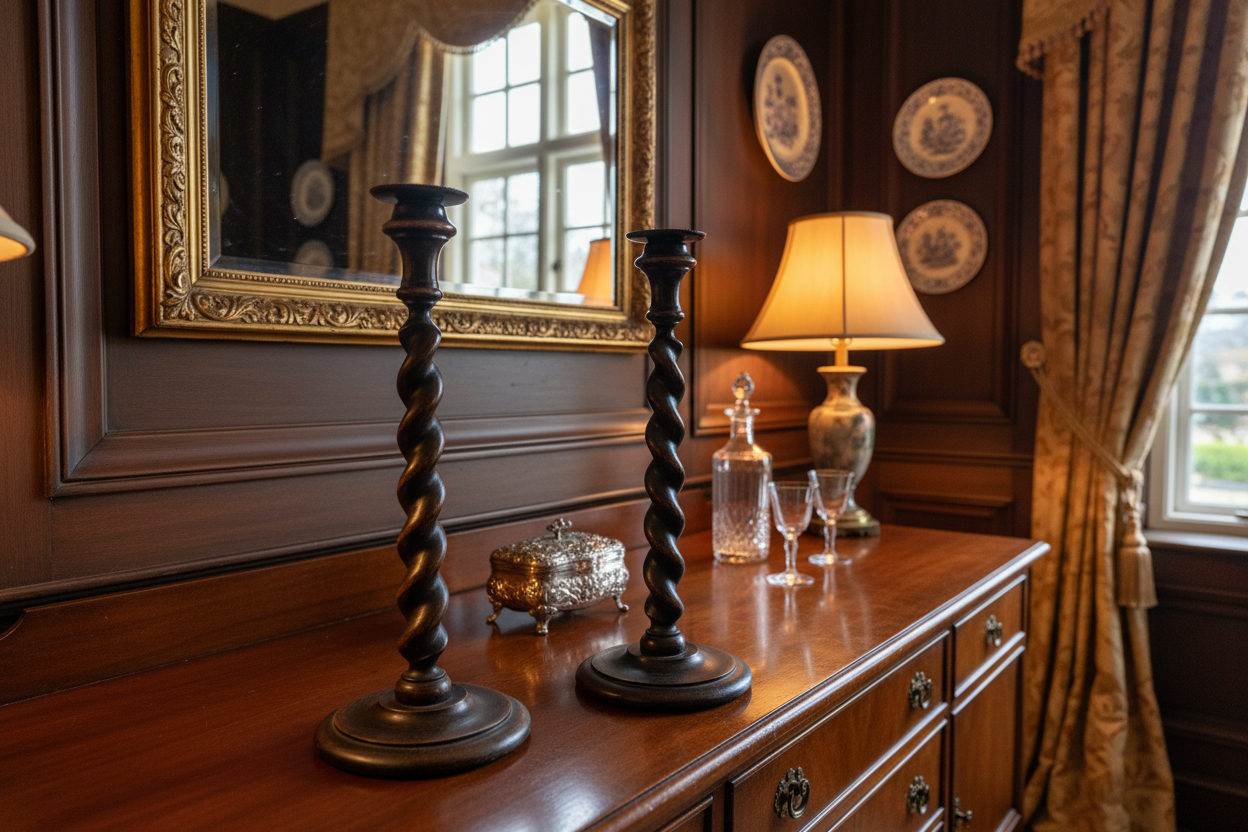 Pair of Antique English Oak Barley Twist Candlesticks in Home