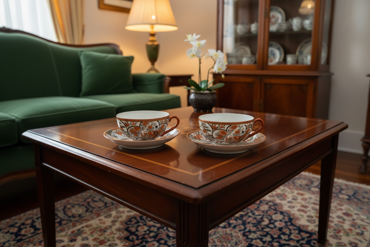 Pair of Antique Japanese Kutani Eggshell Porcelain Cups & Saucers in Home