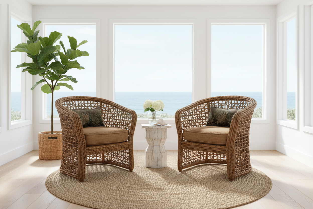 Pair of Coastal Rattan Barrel Chairs - Palecek Style