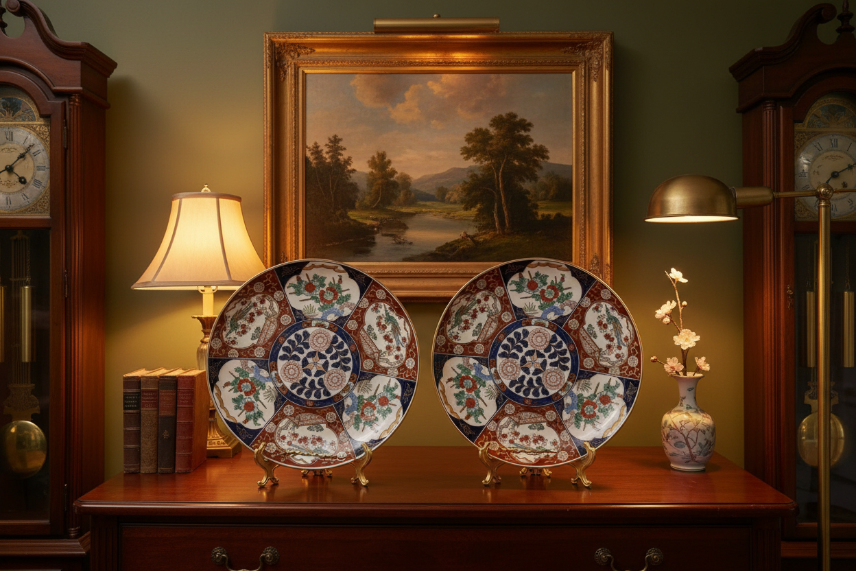 Pair of Vintage Japanese Gold Imari Rickshaw Chargers in Home