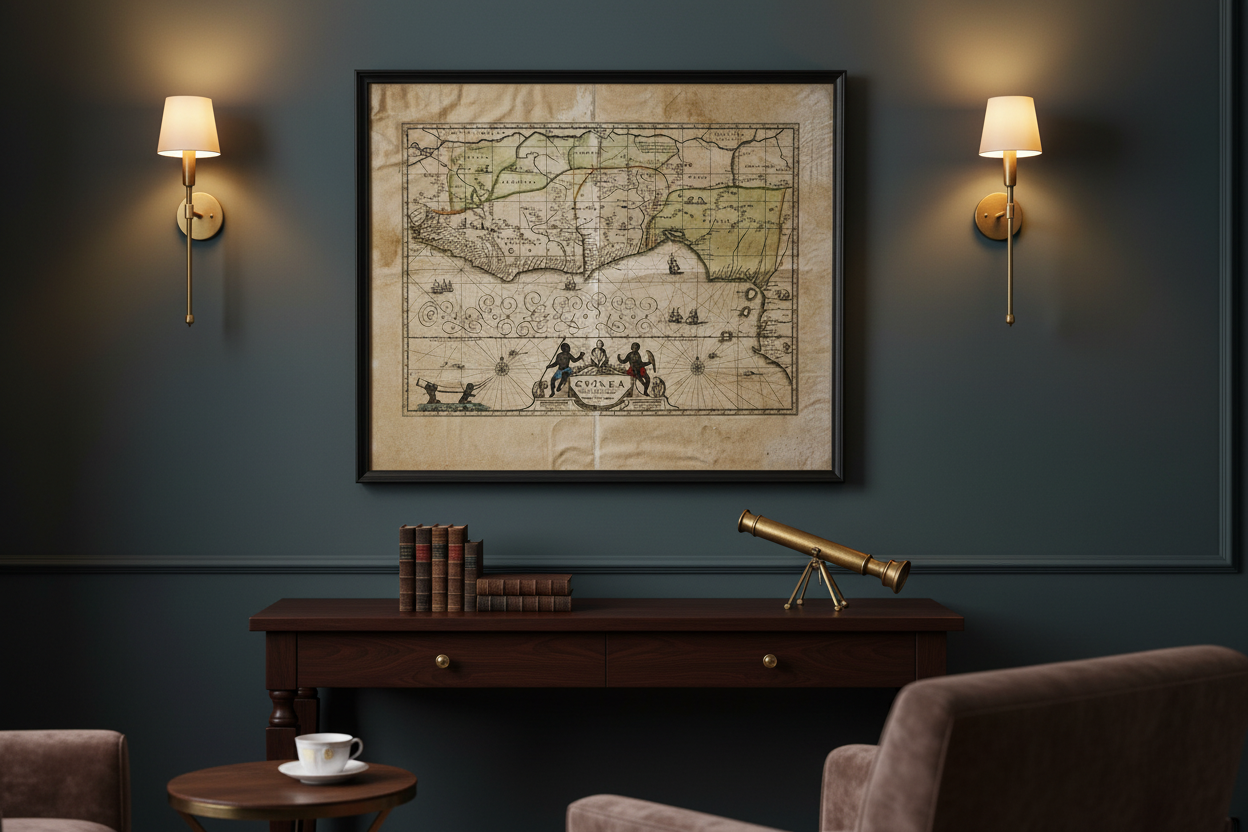 Rare Antique c. 1690 Peter Schenk Hand-Colored Map of the Gulf of Guinea in Home Setting