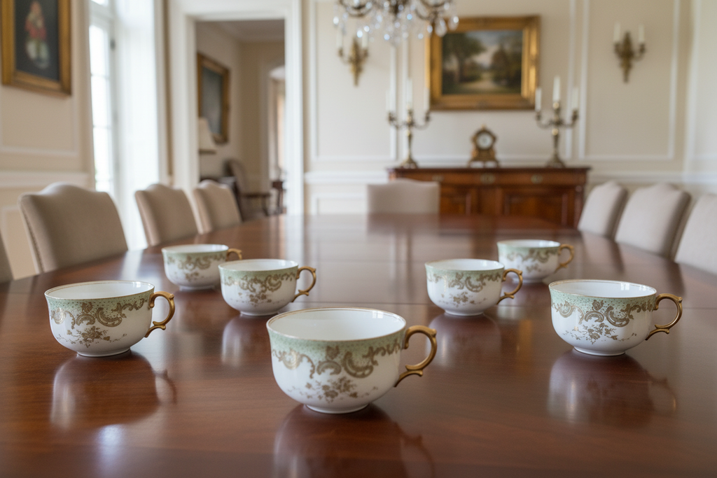Set of 7 Antique Limoges Elite Works Teacups Arranged on Table