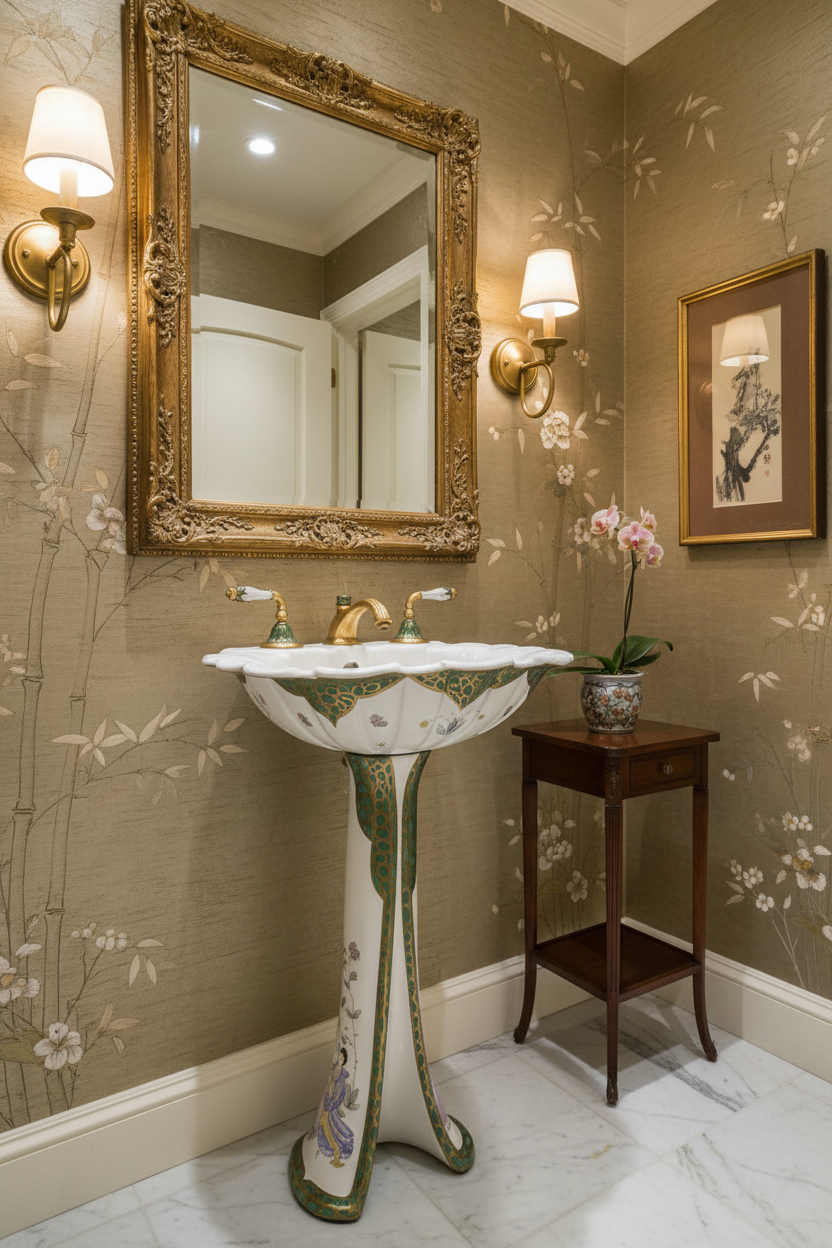 Sherle Wagner Chinoiserie Porcelain Sink in Luxury Bathroom