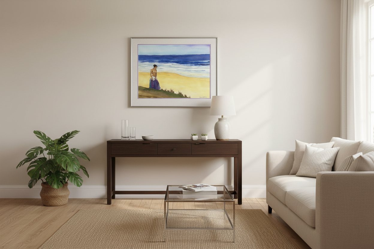 Steve LeBailly Woman on Beach Watercolor in Home Setting