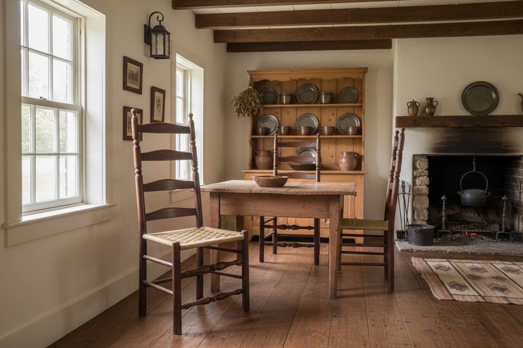 Tall 19th-Century American Primitive Ladderback Chair in a Home Setting