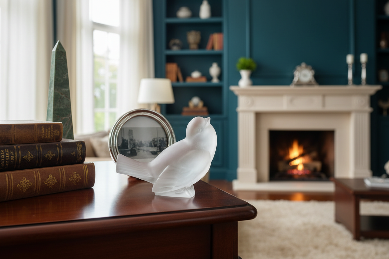 The Singing Sparrow Lalique Frosted Crystal Sculpture in a Home Setting