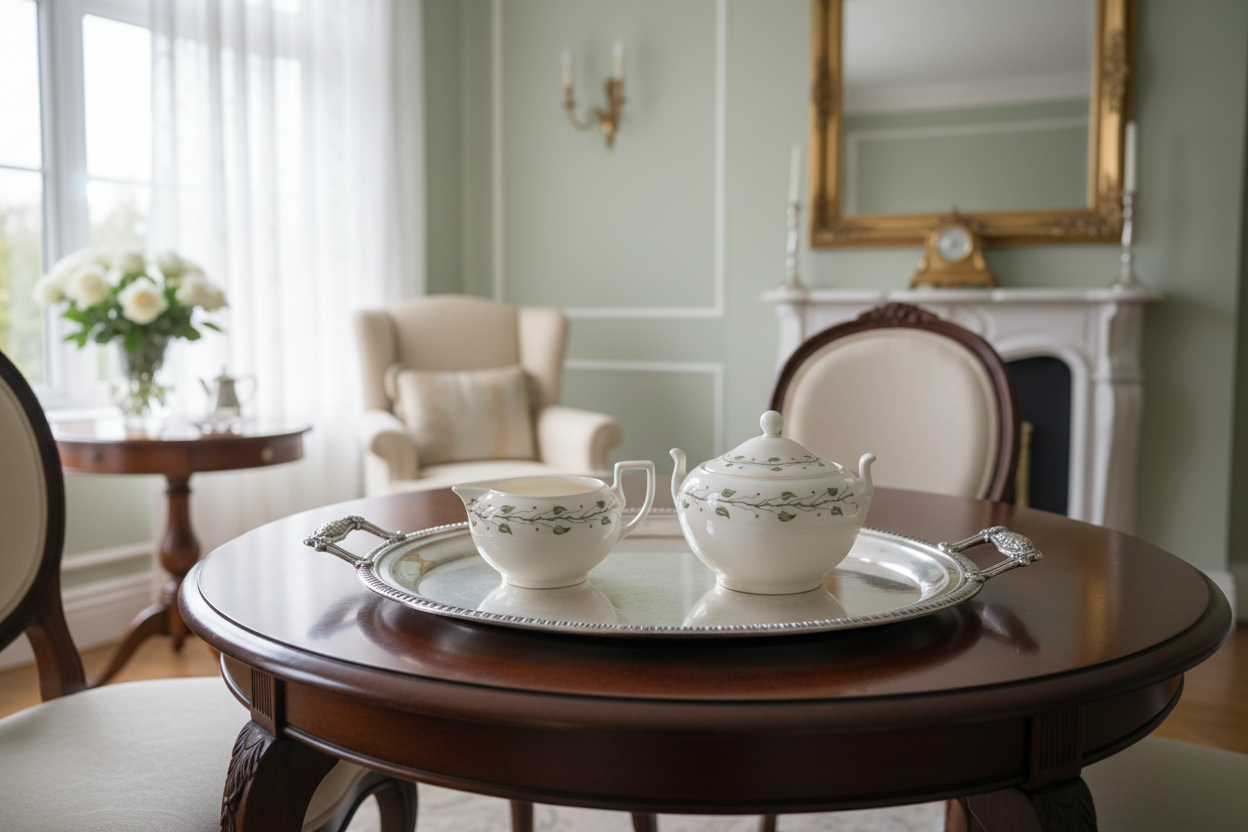 Vintage 1990 Wedgwood Green Leaf Sugar & Creamer Set in Home Setting