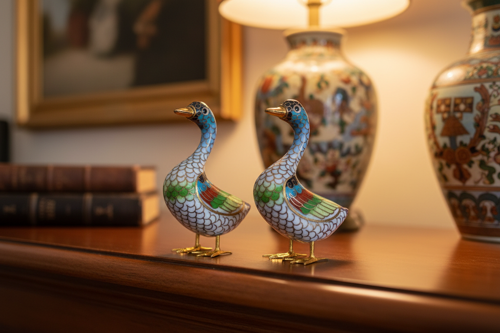 Vintage Chinese Cloisonné Duck Pair in Home Setting