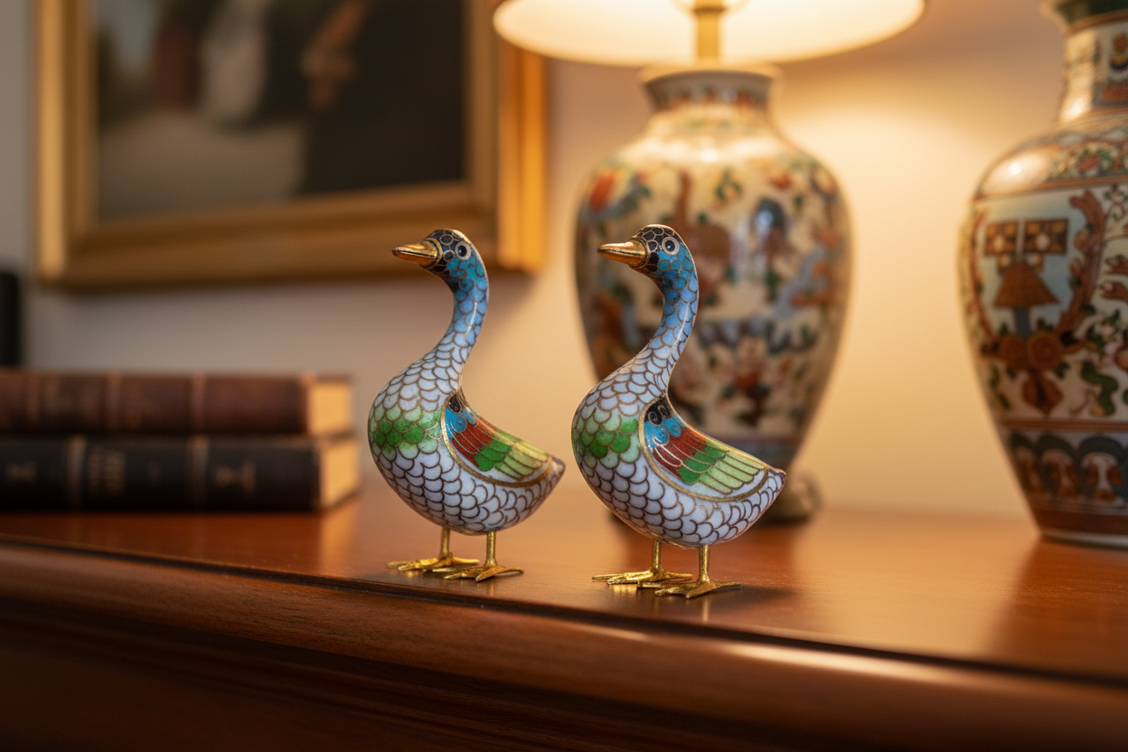 Vintage Chinese Cloisonné Duck Pair in Home Setting