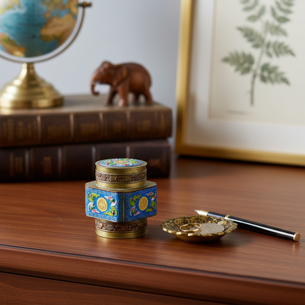 Vintage Chinese cloisonné longevity box in home setting
