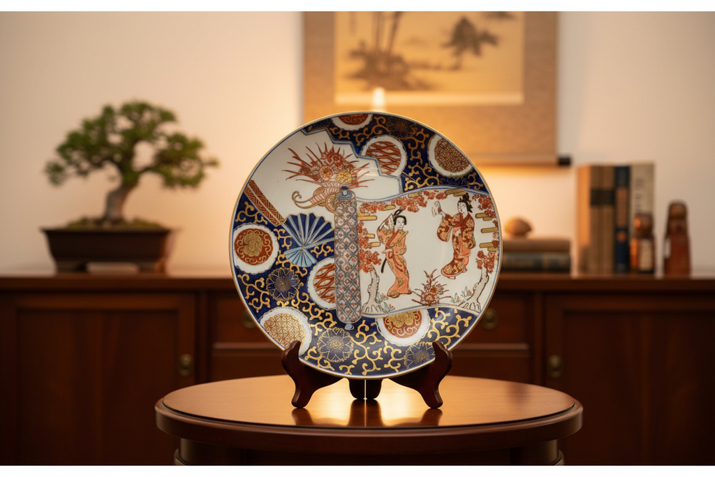 Vintage Gold Imari Geisha & Cherry Blossom Charger Displayed in Home