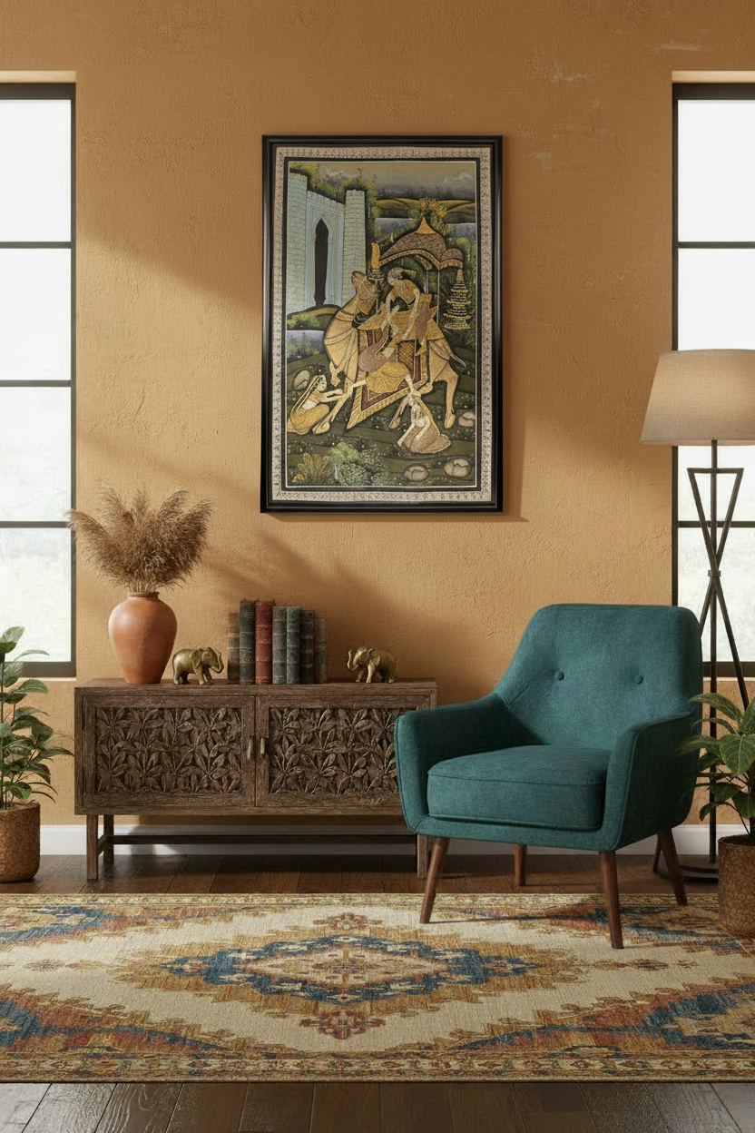 Vintage Indian miniature painting framed in home