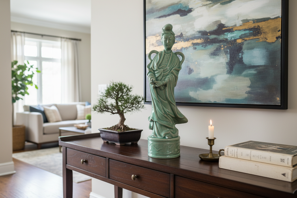 Vintage Japanese Celadon Guanyin Figurine in home