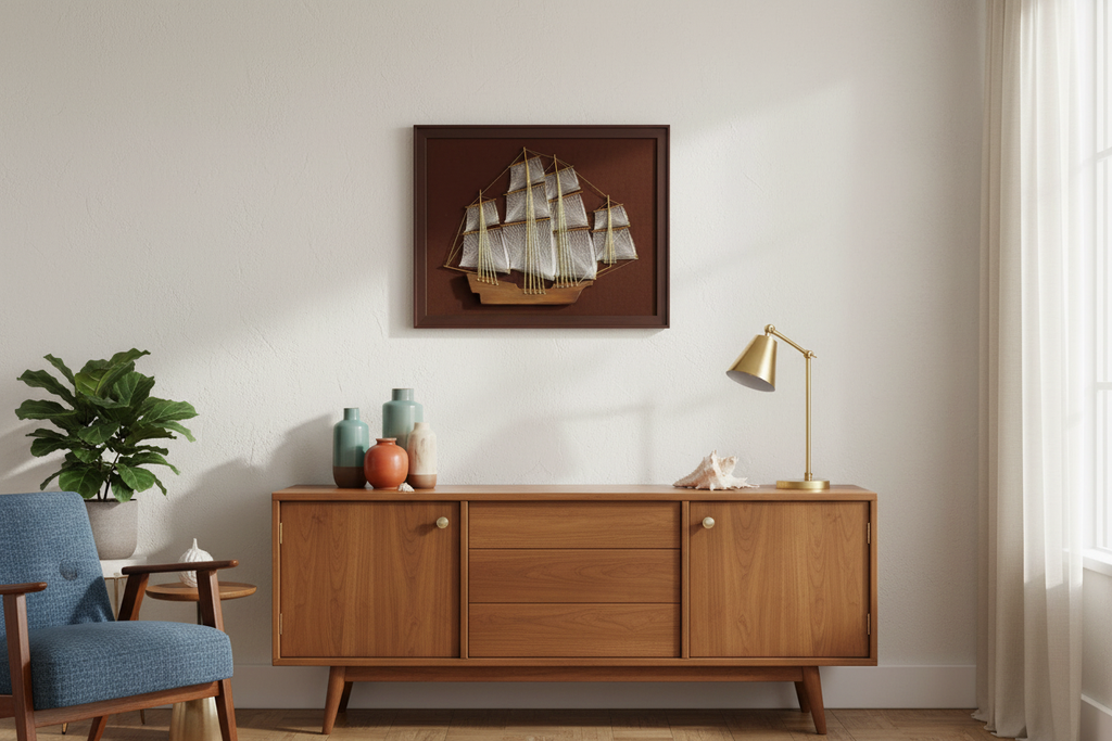 Vintage Mid-Century Modern Nautical String Art in a Home Setting