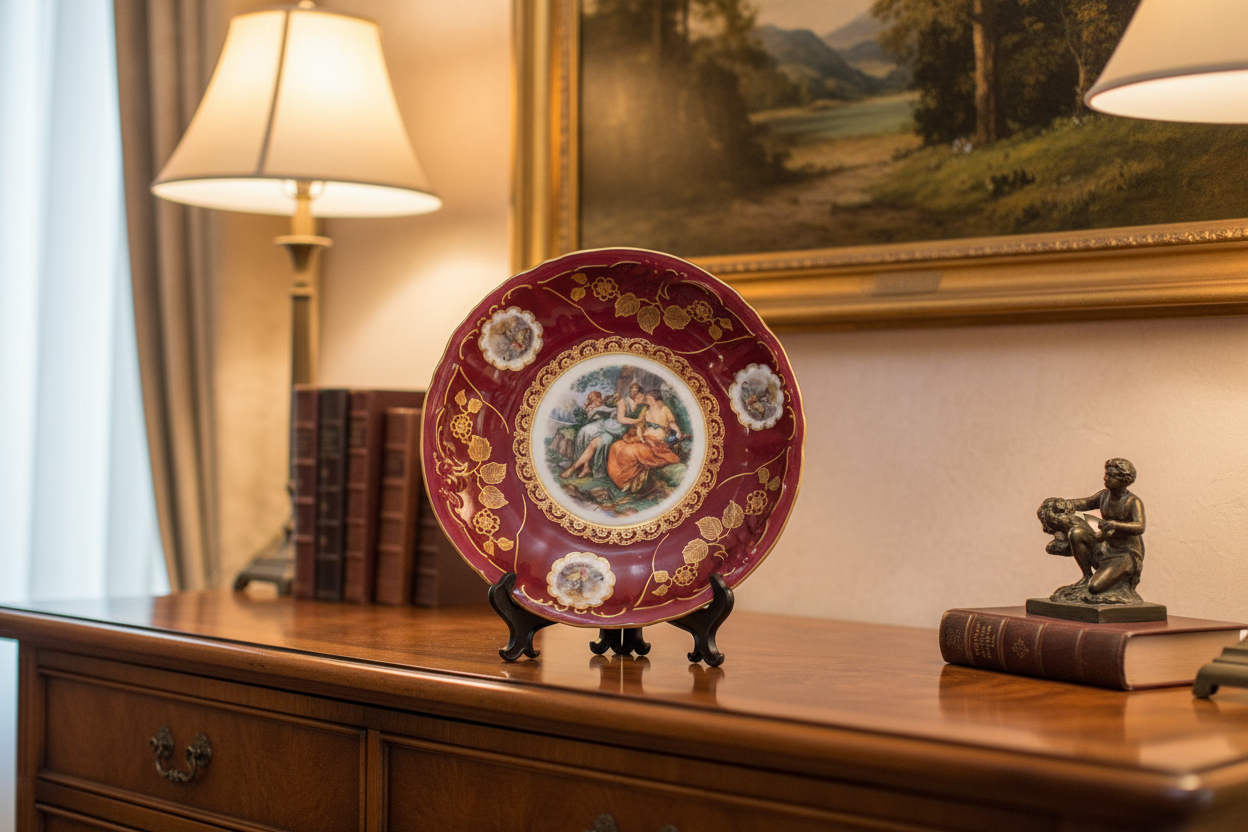 Vintage Mitterteich Bavaria Cabinet Plate in a Stand in a Home Setting
