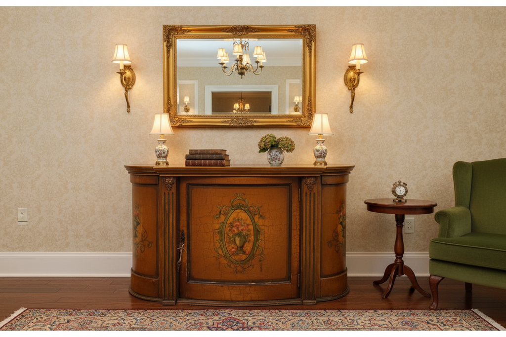 Vintage Neoclassical Demilune Console Cabinet