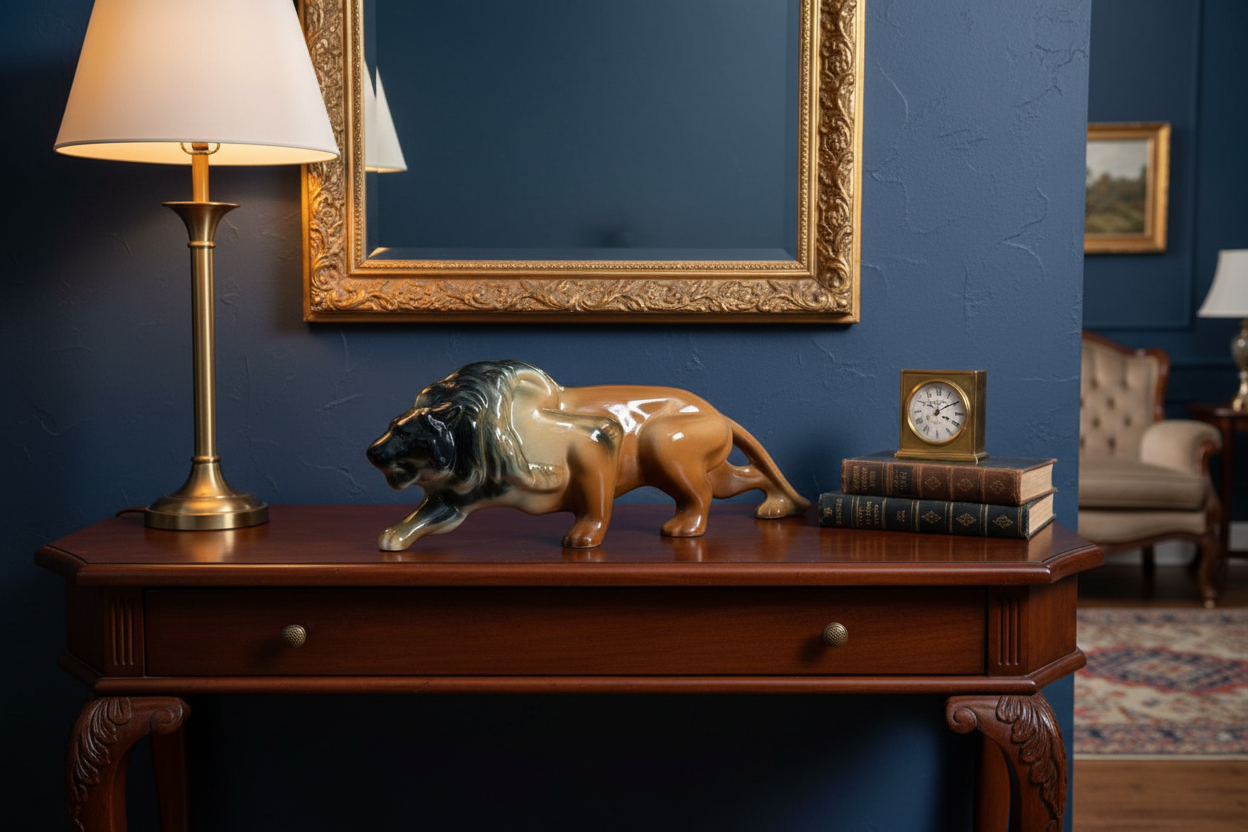 Vintage Robinson Ransbottom Prowling Lion Art Pottery Sculpture in a Home