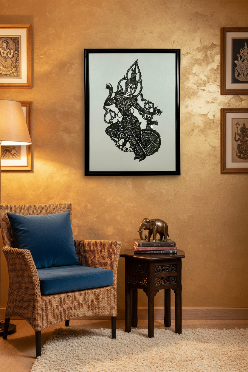 Vintage Thai Nang Yai shadow puppet framed in home setting
