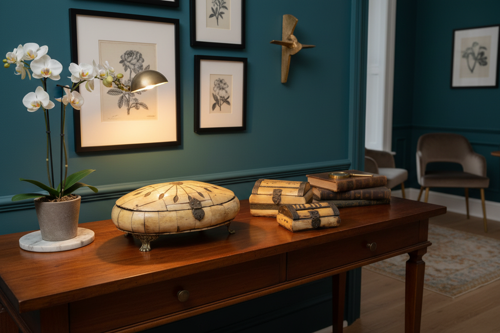 Vintage trinket boxes in home setting